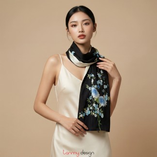 Black silk scarf hand-embroidered with blue chrysanthemum  55*200 cm- Different  models